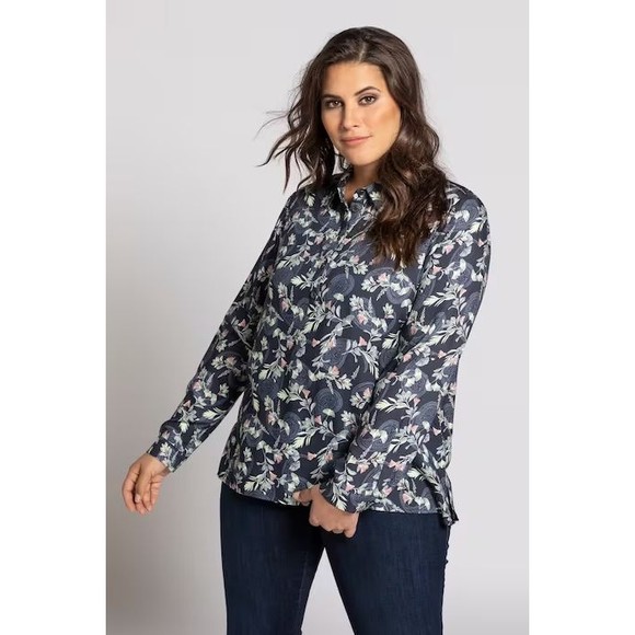 Ulla Popken Navy Floral Paisley Print Roll-Tab Sleeve Viscose Popover Blouse - Picture 3 of 14